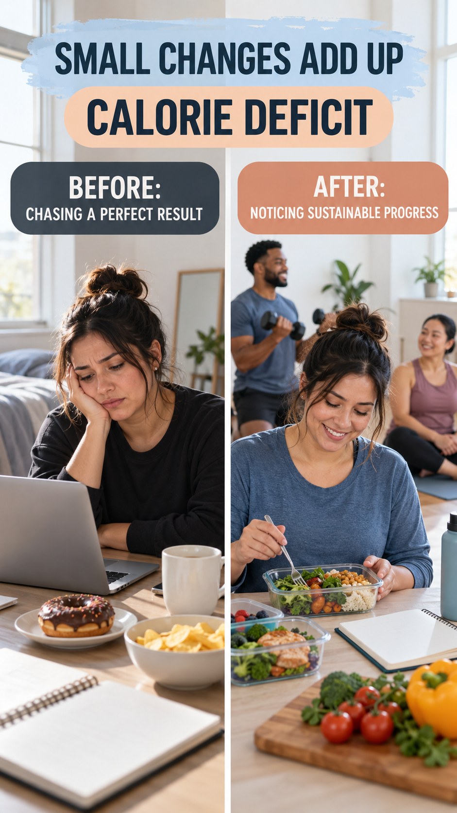 Illustrative before-and-after progress beyond the scale comparison for Calorie Deficit, from chasing a perfect result to noticing sustainable progress.
