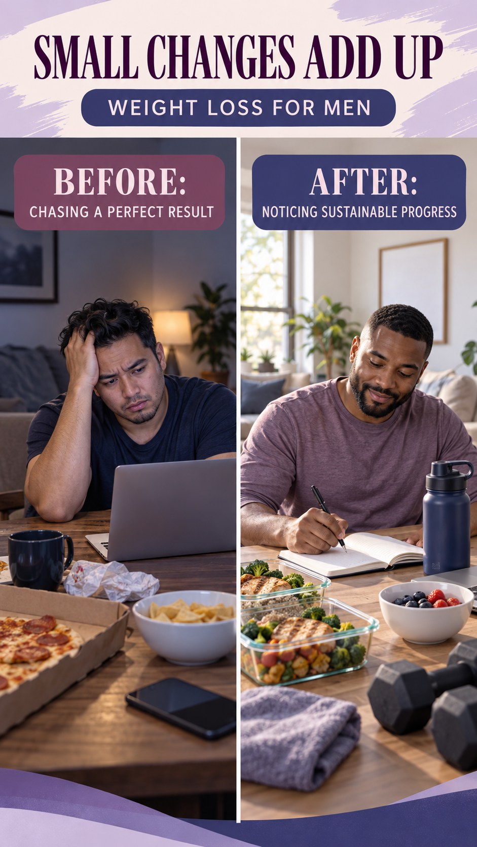 Illustrative before-and-after progress beyond the scale comparison for Weight Loss for Men, from chasing a perfect result to noticing sustainable progress.