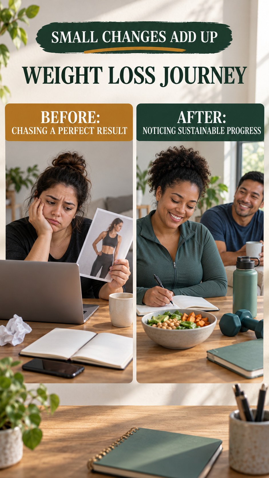 Illustrative before-and-after progress beyond the scale comparison for Weight Loss Journey, from chasing a perfect result to noticing sustainable progress.
