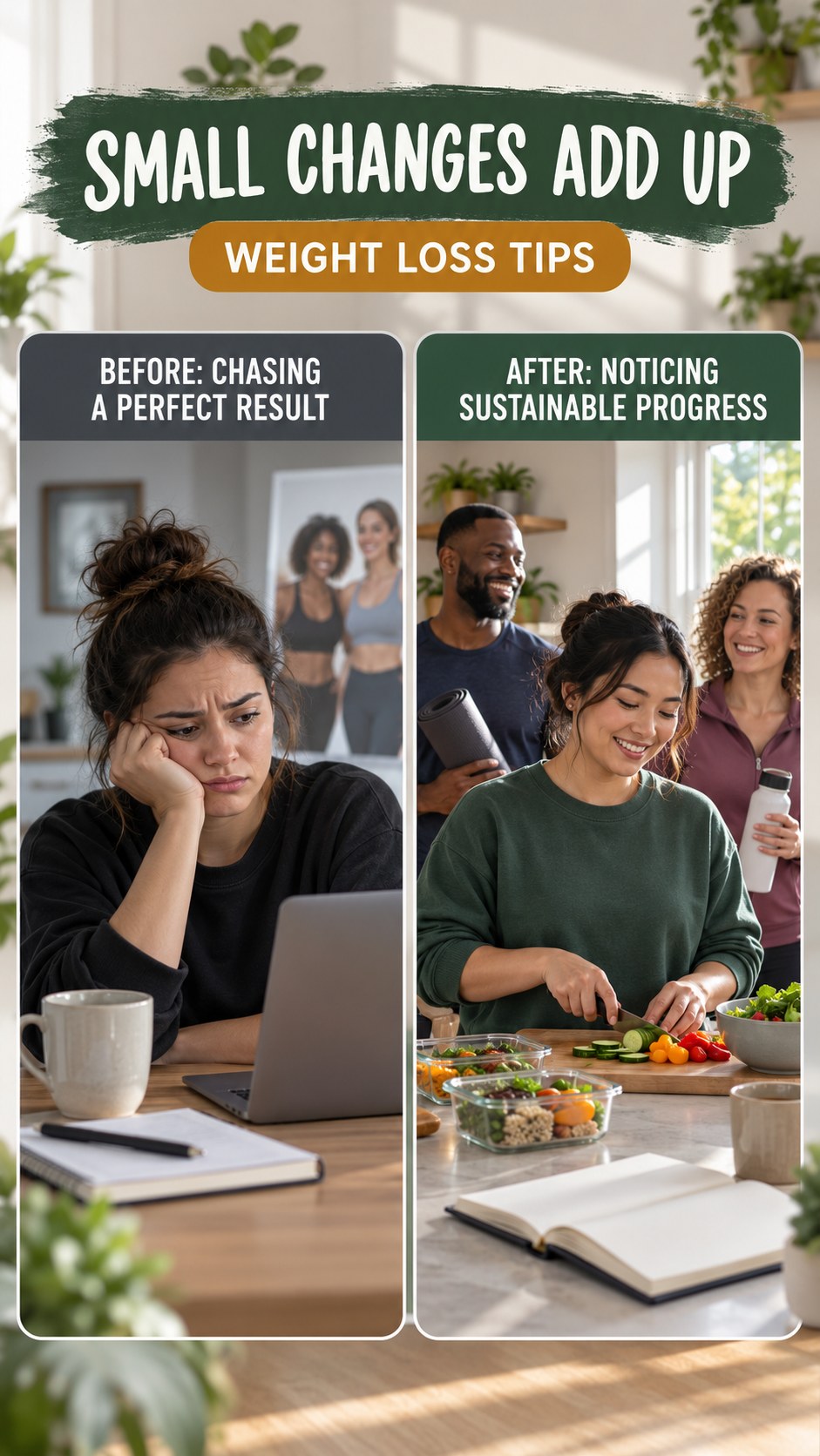 Illustrative before-and-after progress beyond the scale comparison for Weight Loss Tips, from chasing a perfect result to noticing sustainable progress.