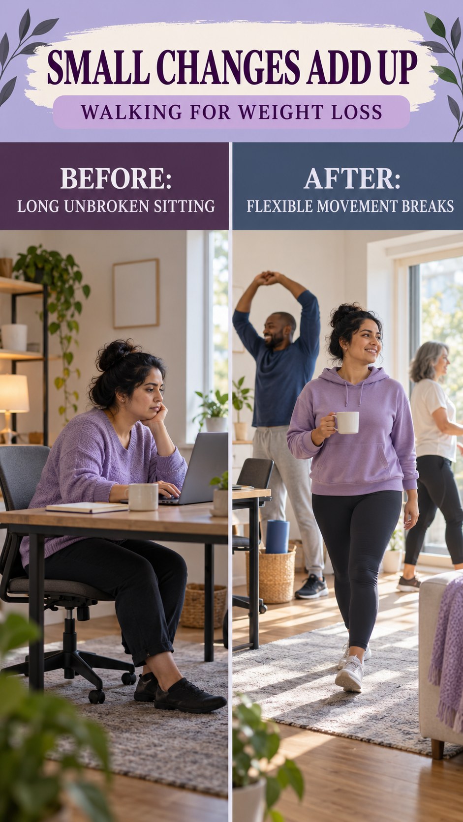 Illustrative before-and-after daily movement comparison for Walking for Weight Loss, from long unbroken sitting to flexible movement breaks.