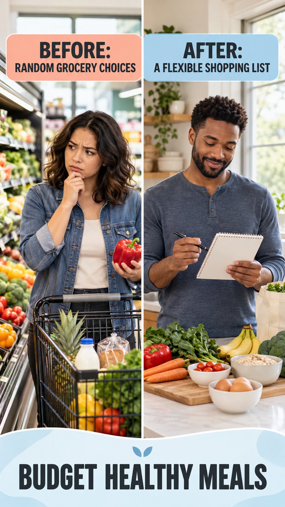 Illustrative before-and-after grocery planning comparison for Budget Healthy Meals, from random grocery choices to a flexible shopping list.