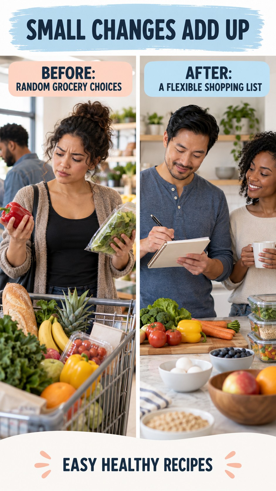 Illustrative before-and-after grocery planning comparison for Easy Healthy Recipes, from random grocery choices to a flexible shopping list.