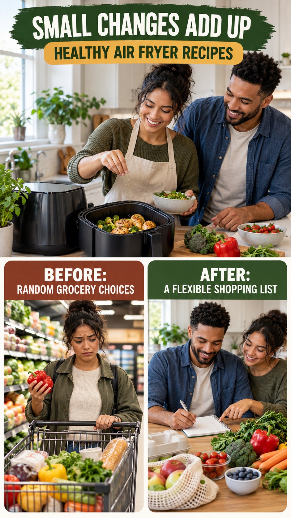Illustrative before-and-after grocery planning comparison for Healthy Air Fryer Recipes, from random grocery choices to a flexible shopping list.