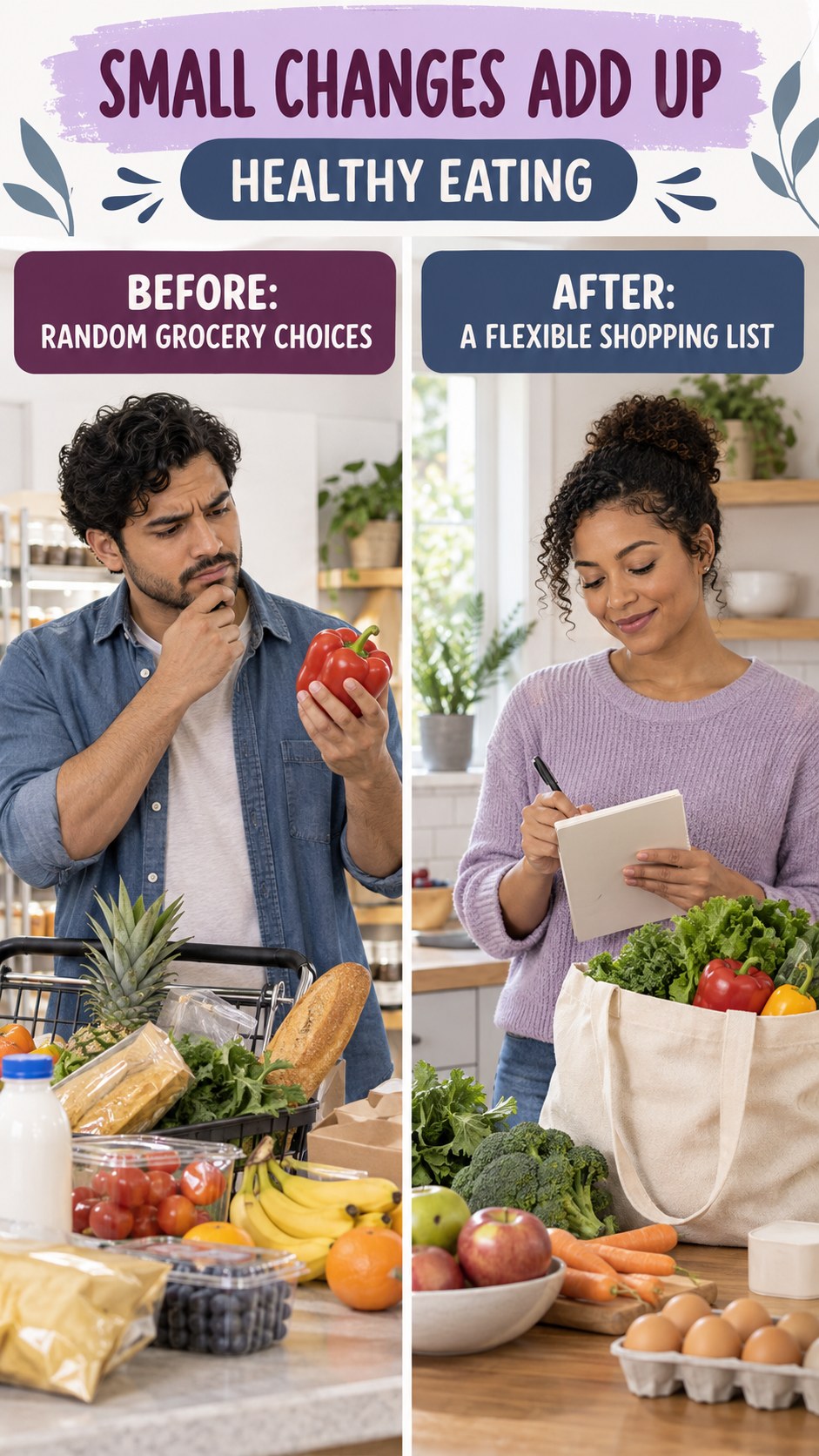 Illustrative before-and-after grocery planning comparison for Healthy Eating, from random grocery choices to a flexible shopping list.