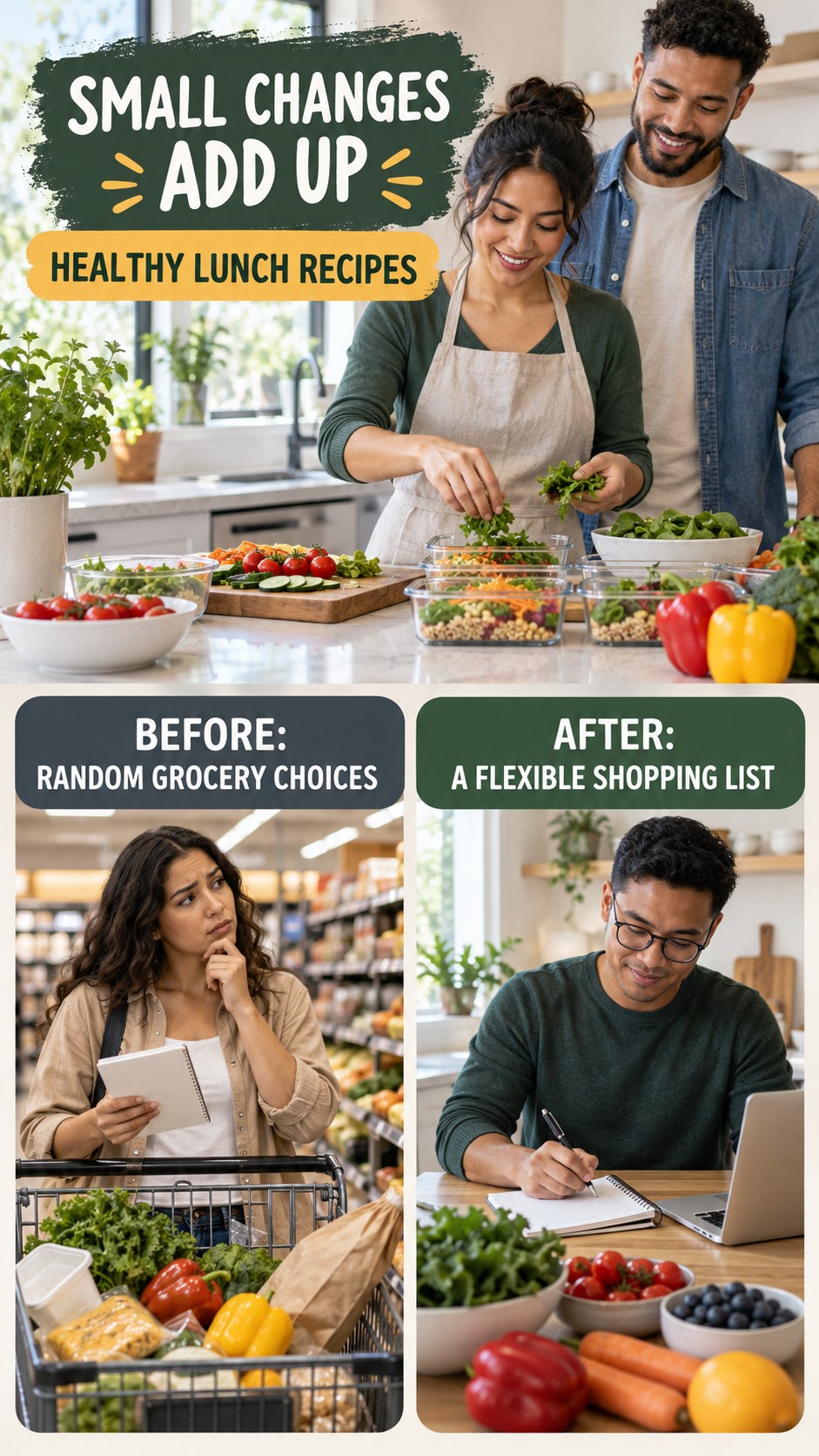 Illustrative before-and-after grocery planning comparison for Healthy Lunch Recipes, from random grocery choices to a flexible shopping list.