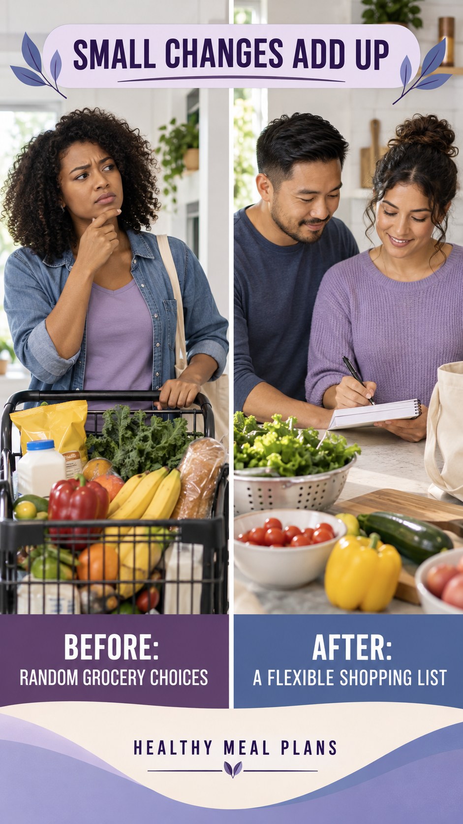 Illustrative before-and-after grocery planning comparison for Healthy Meal Plans, from random grocery choices to a flexible shopping list.