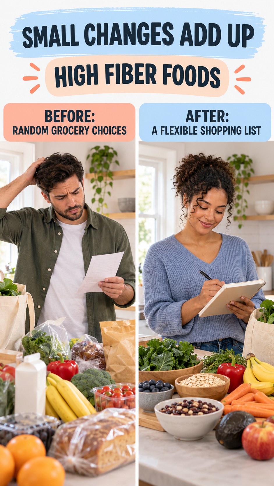 Illustrative before-and-after grocery planning comparison for High Fiber Foods, from random grocery choices to a flexible shopping list.