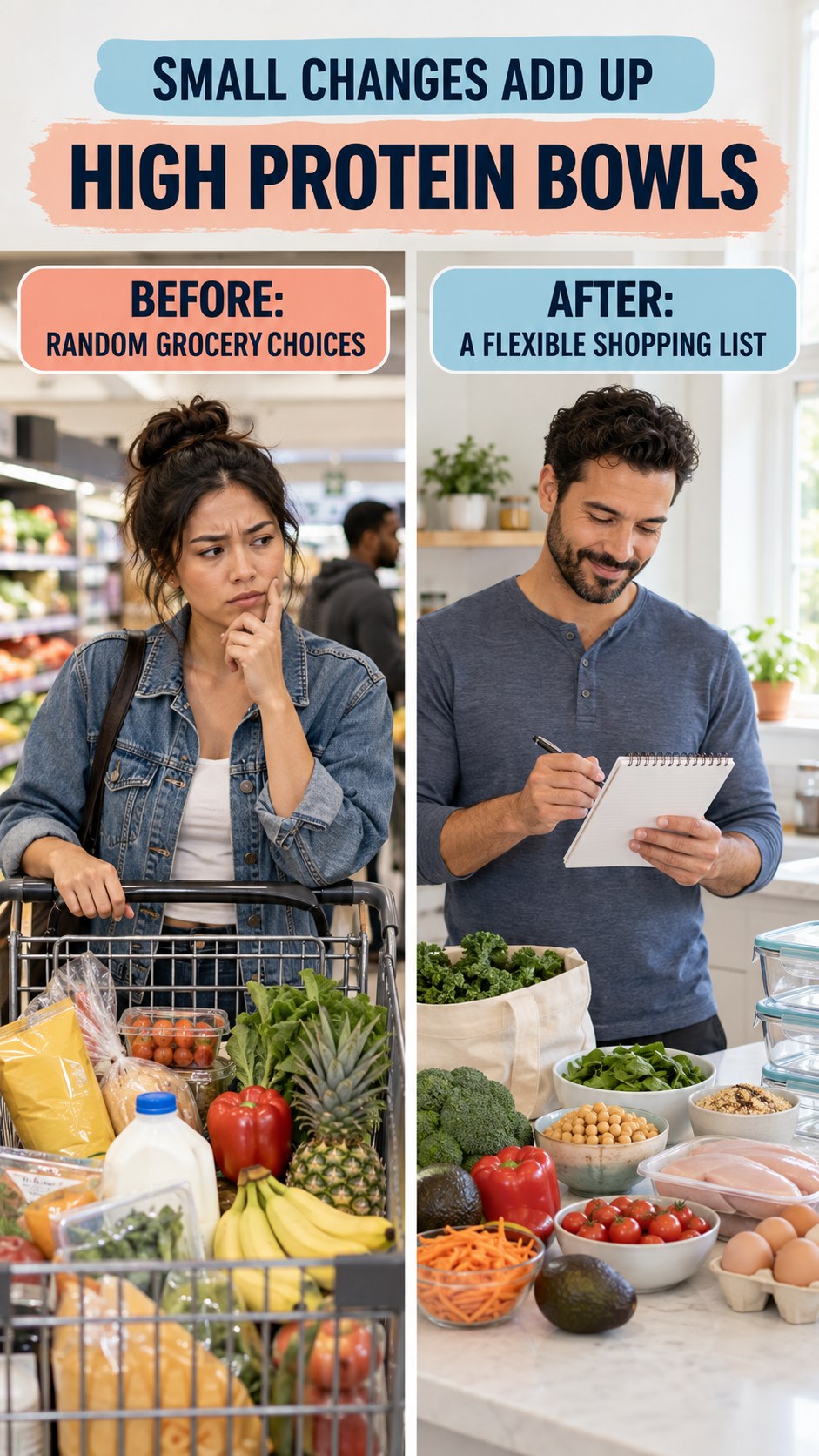Illustrative before-and-after grocery planning comparison for High Protein Bowls, from random grocery choices to a flexible shopping list.