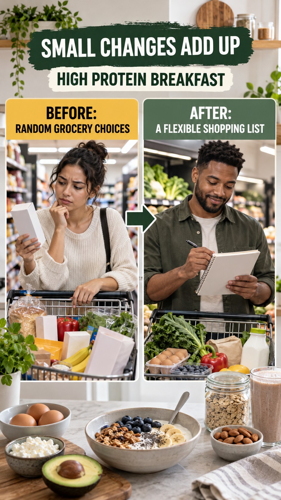 Illustrative before-and-after grocery planning comparison for High Protein Breakfast, from random grocery choices to a flexible shopping list.