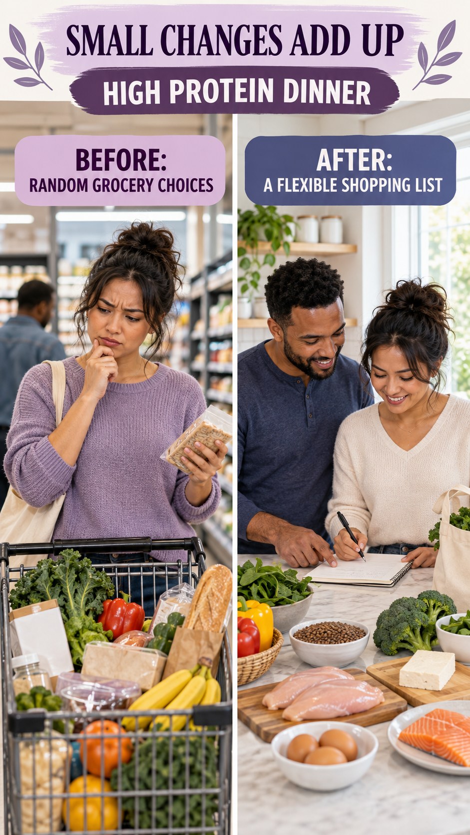 Illustrative before-and-after grocery planning comparison for High Protein Dinner, from random grocery choices to a flexible shopping list.