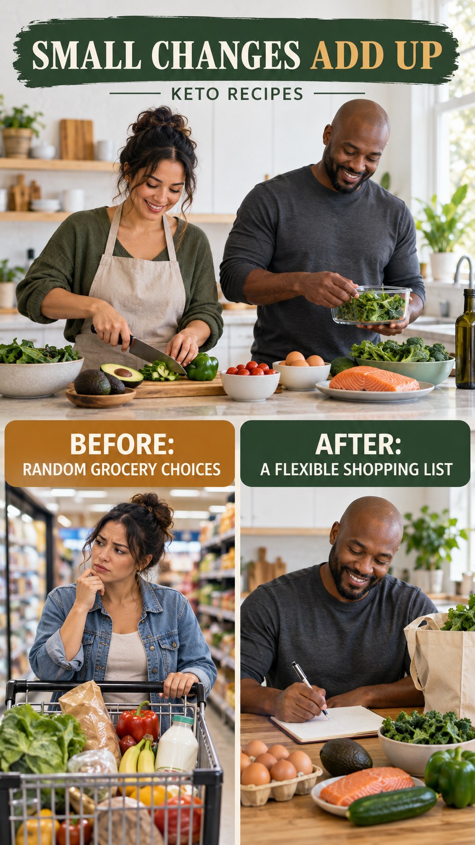 Illustrative before-and-after grocery planning comparison for Keto Recipes, from random grocery choices to a flexible shopping list.