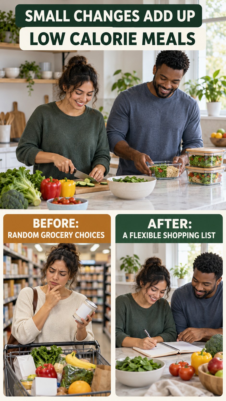 Illustrative before-and-after grocery planning comparison for Low Calorie Meals, from random grocery choices to a flexible shopping list.