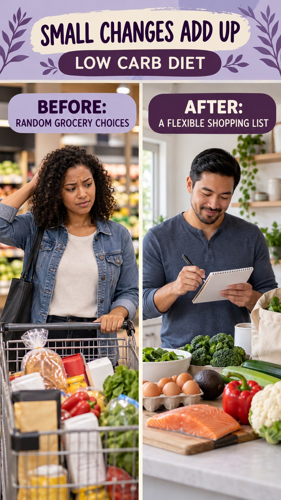 Illustrative before-and-after grocery planning comparison for Low Carb Diet, from random grocery choices to a flexible shopping list.