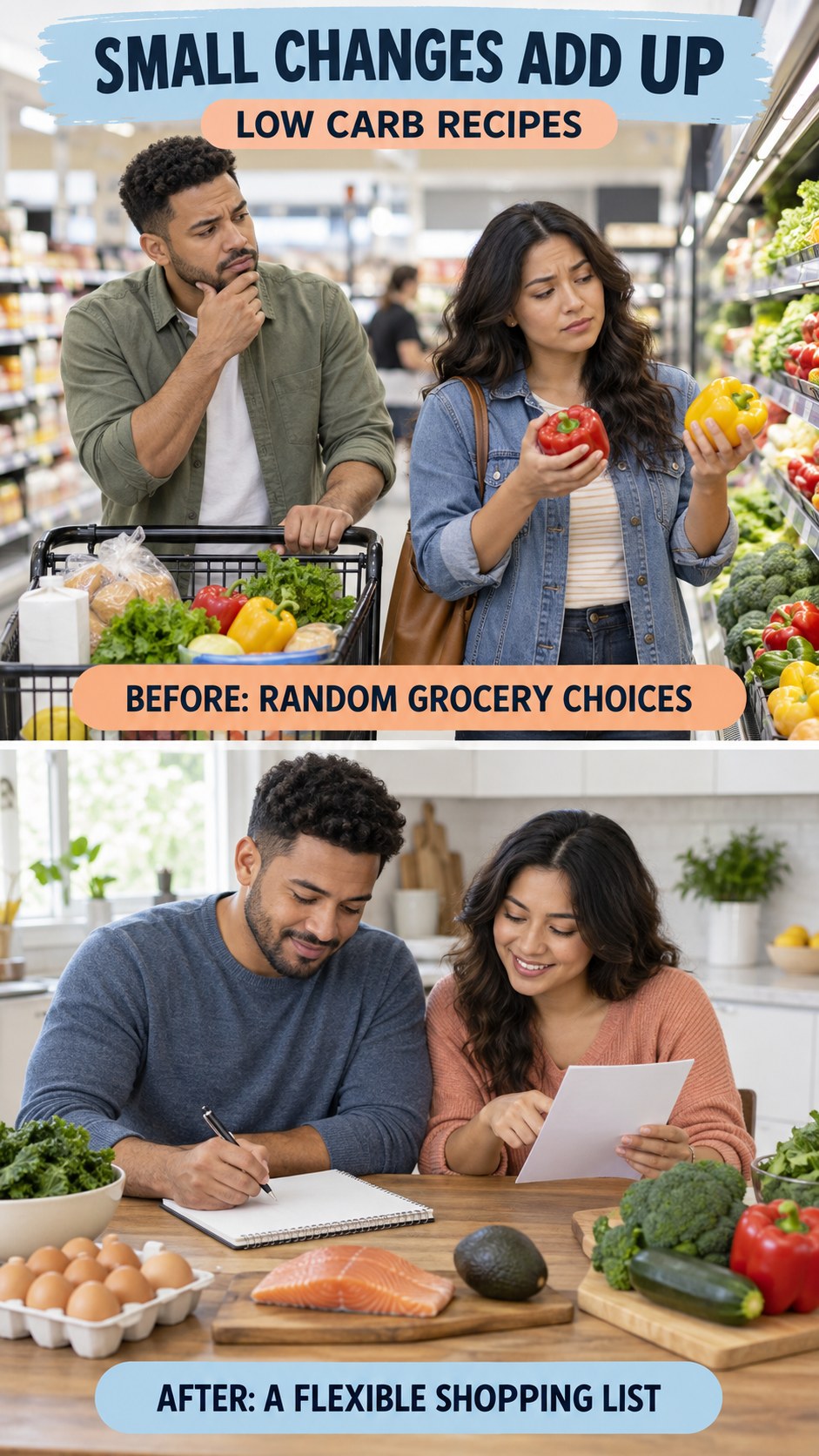 Illustrative before-and-after grocery planning comparison for Low Carb Recipes, from random grocery choices to a flexible shopping list.