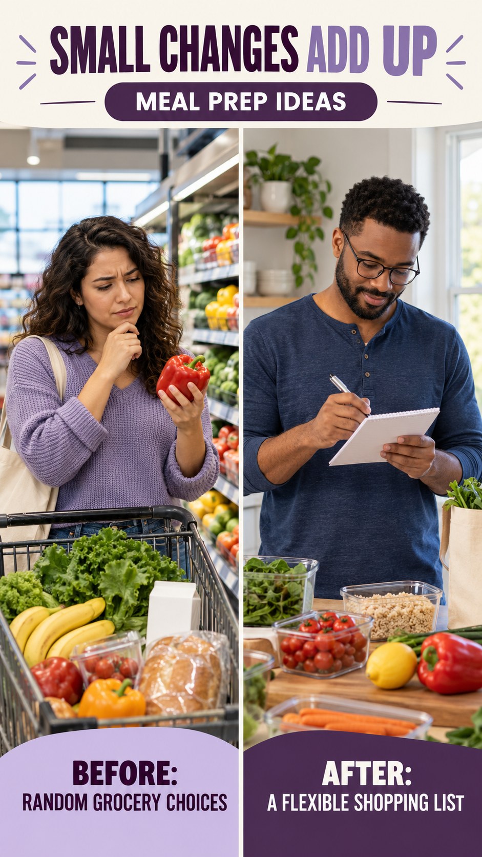 Illustrative before-and-after grocery planning comparison for Meal Prep Ideas, from random grocery choices to a flexible shopping list.