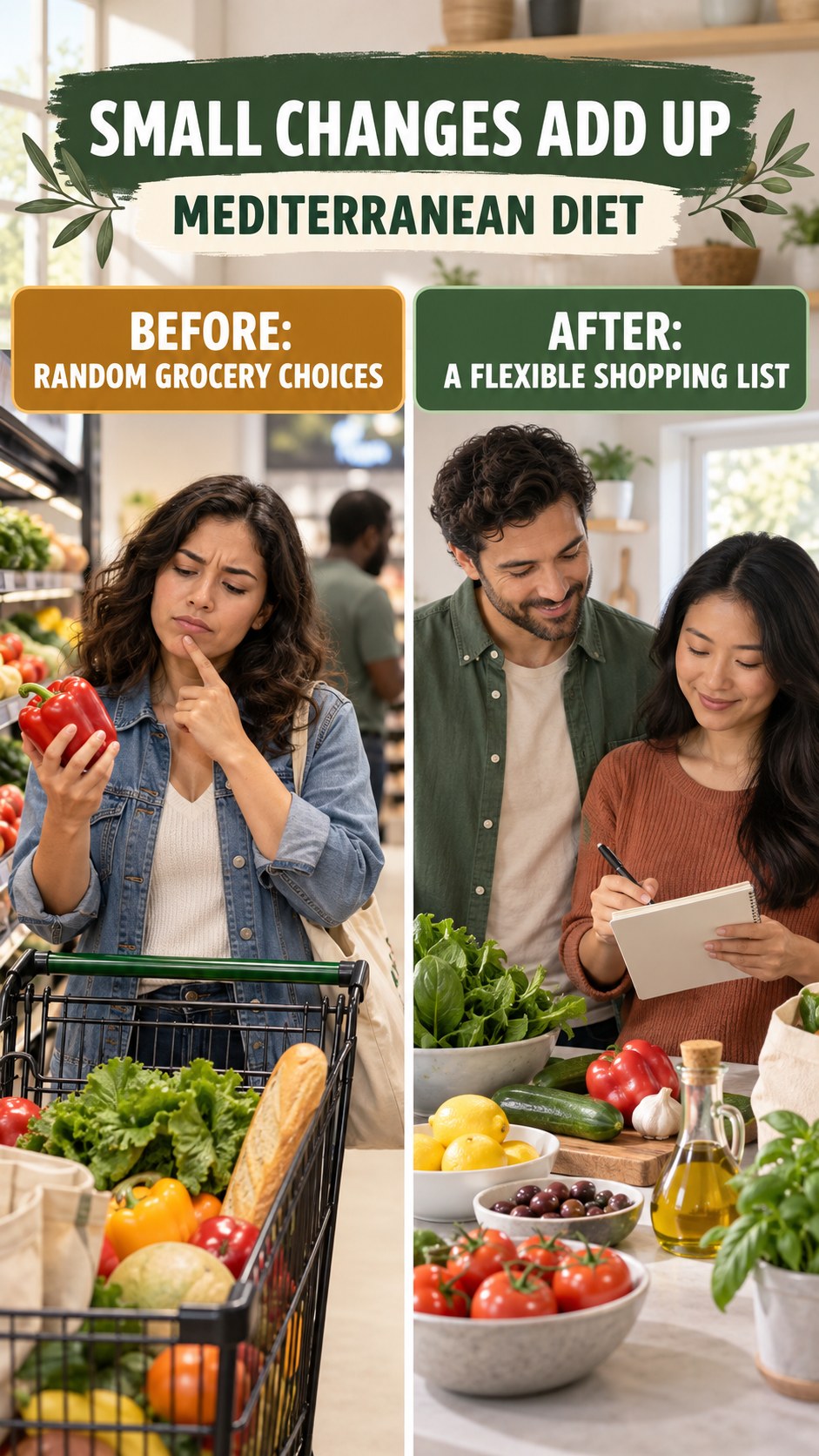Illustrative before-and-after grocery planning comparison for Mediterranean Diet, from random grocery choices to a flexible shopping list.