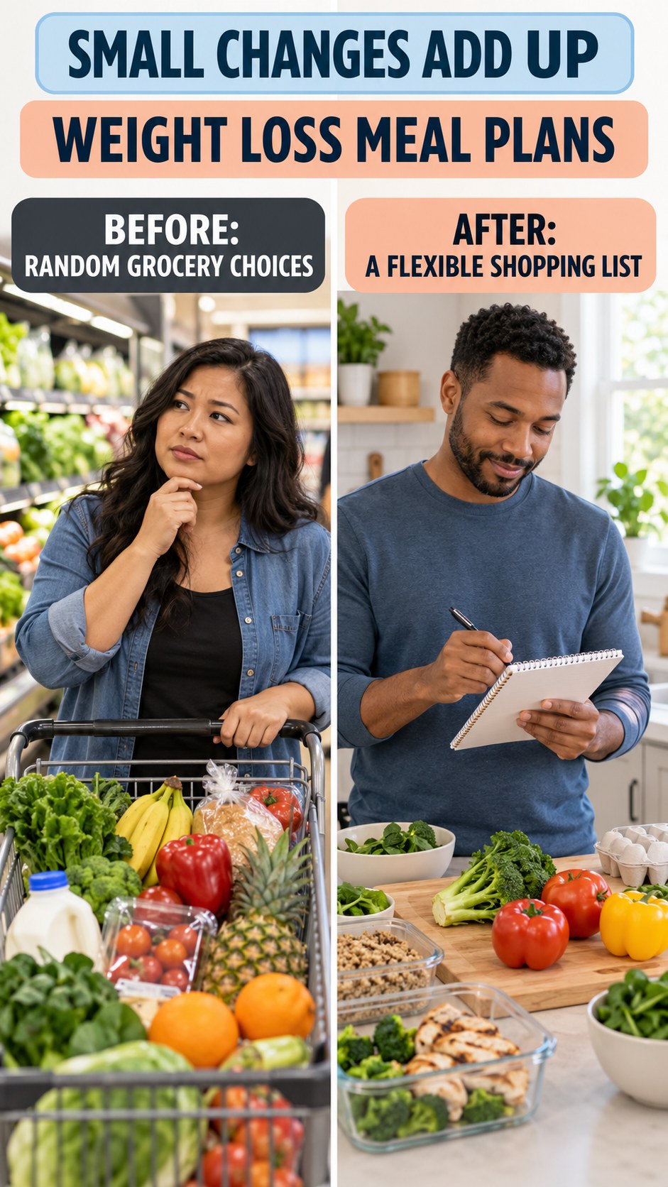 Illustrative before-and-after grocery planning comparison for Weight Loss Meal Plans, from random grocery choices to a flexible shopping list.