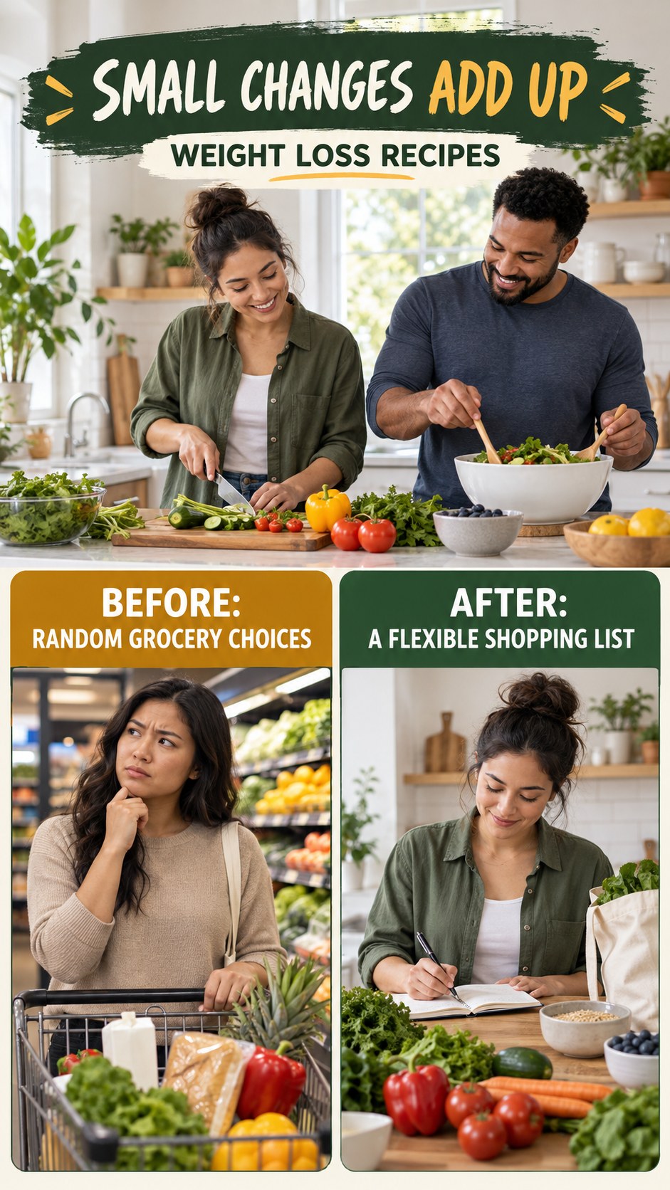 Illustrative before-and-after grocery planning comparison for Weight Loss Recipes, from random grocery choices to a flexible shopping list.
