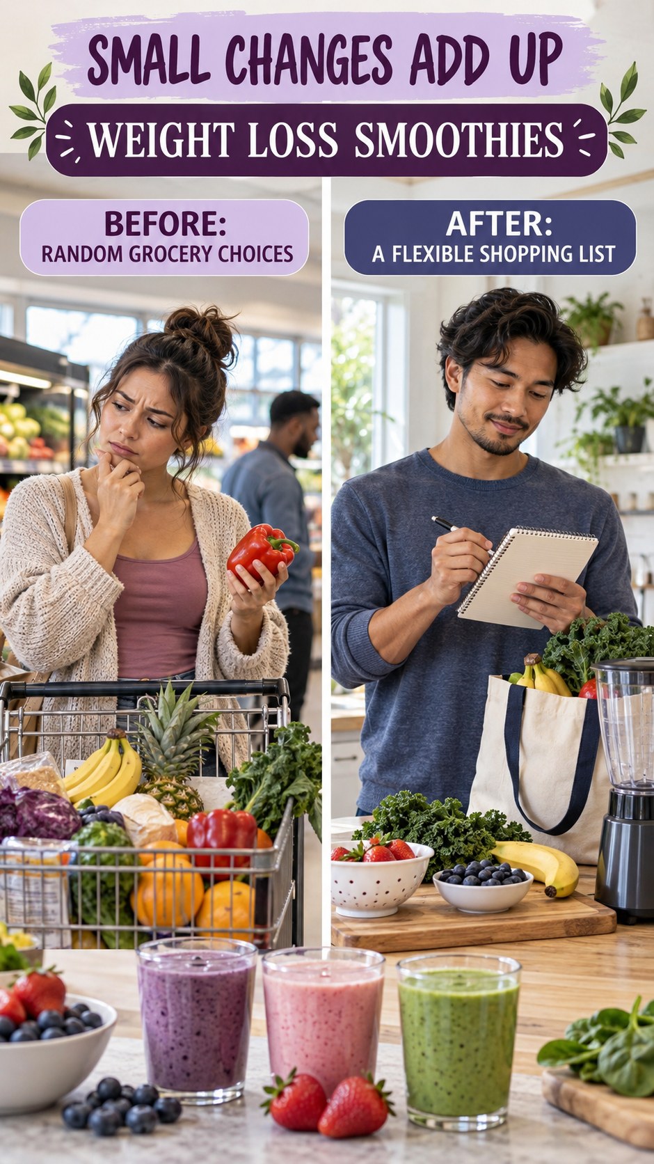 Illustrative before-and-after grocery planning comparison for Weight Loss Smoothies, from random grocery choices to a flexible shopping list.