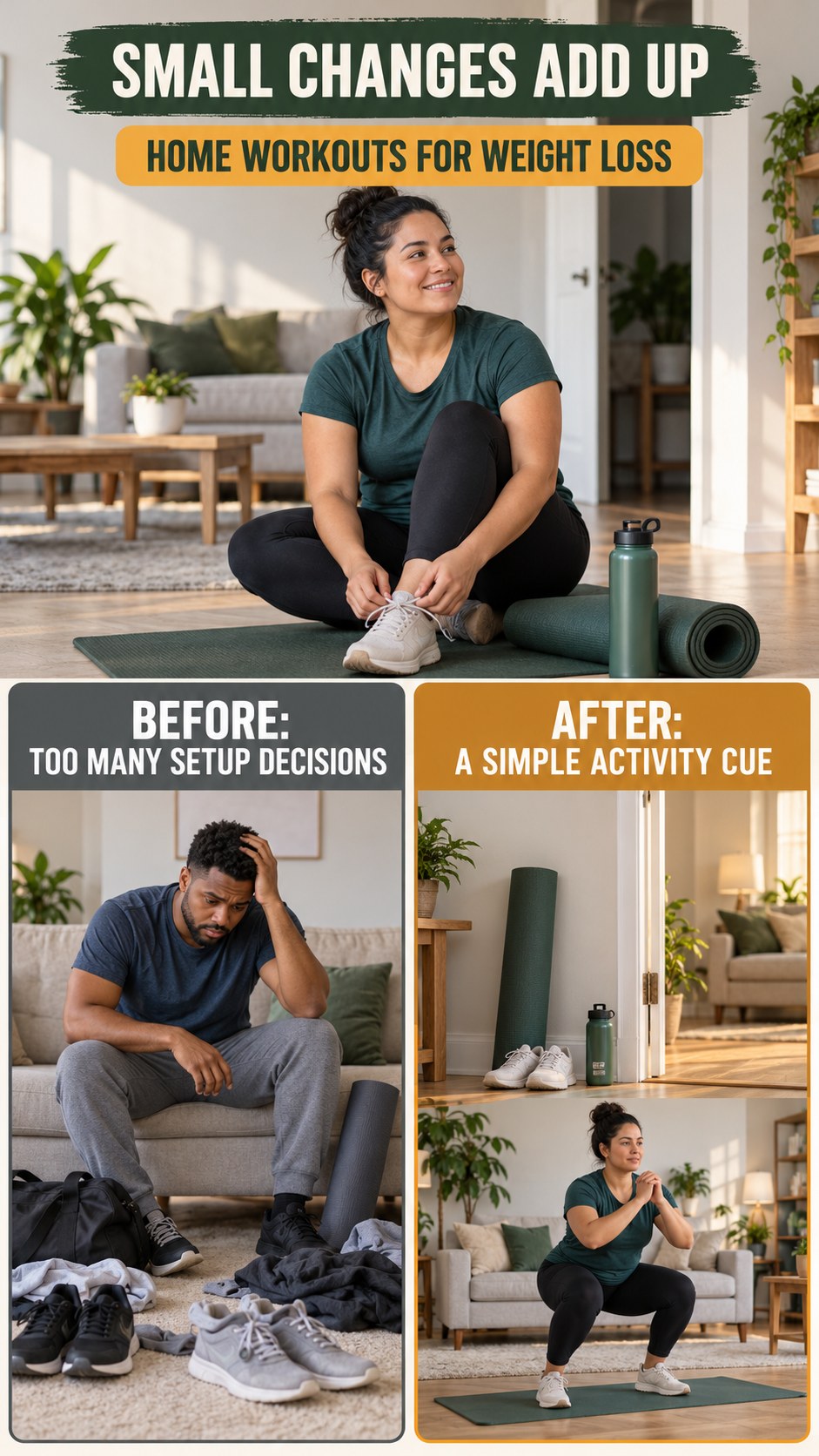 Illustrative before-and-after fitness preparation comparison for Home Workouts for Weight Loss, from too many setup decisions to a simple activity cue.