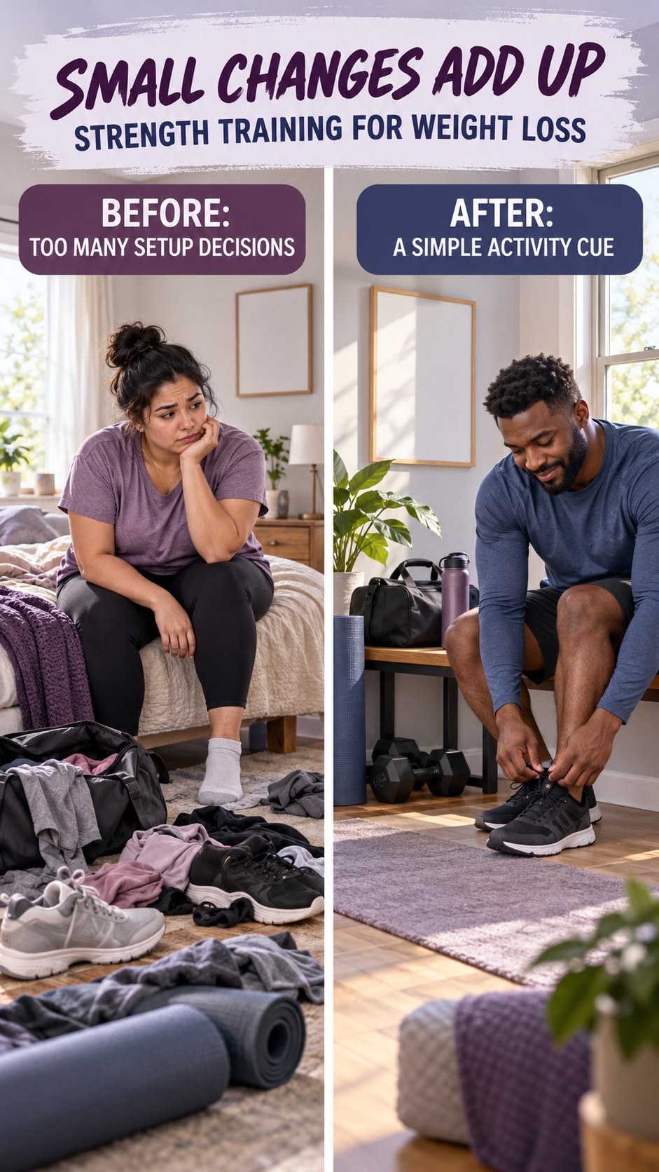 Illustrative before-and-after fitness preparation comparison for Strength Training for Weight Loss, from too many setup decisions to a simple activity cue.