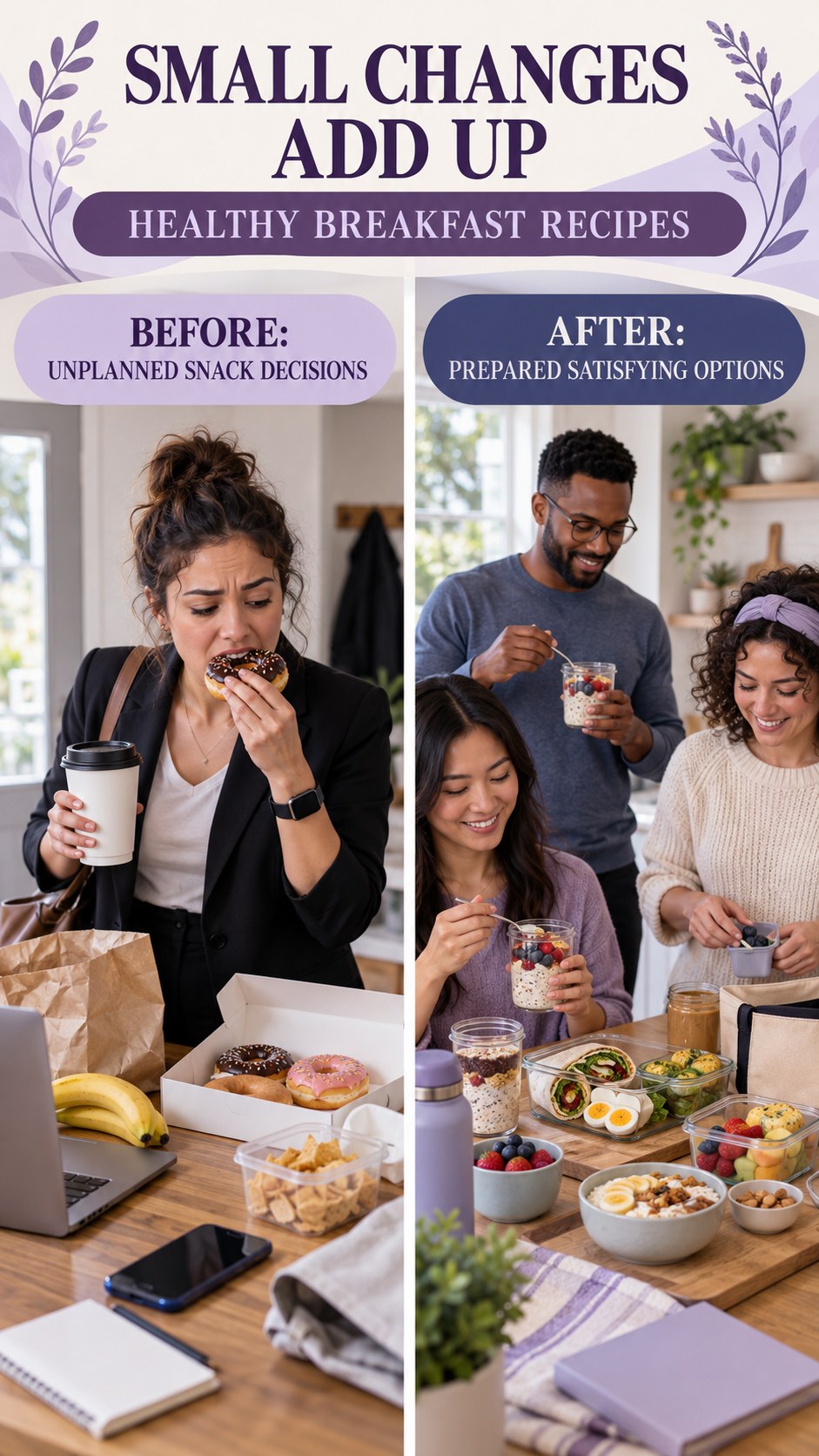 Illustrative before-and-after healthy snack planning comparison for Healthy Breakfast Recipes, from unplanned snack decisions to prepared satisfying options.