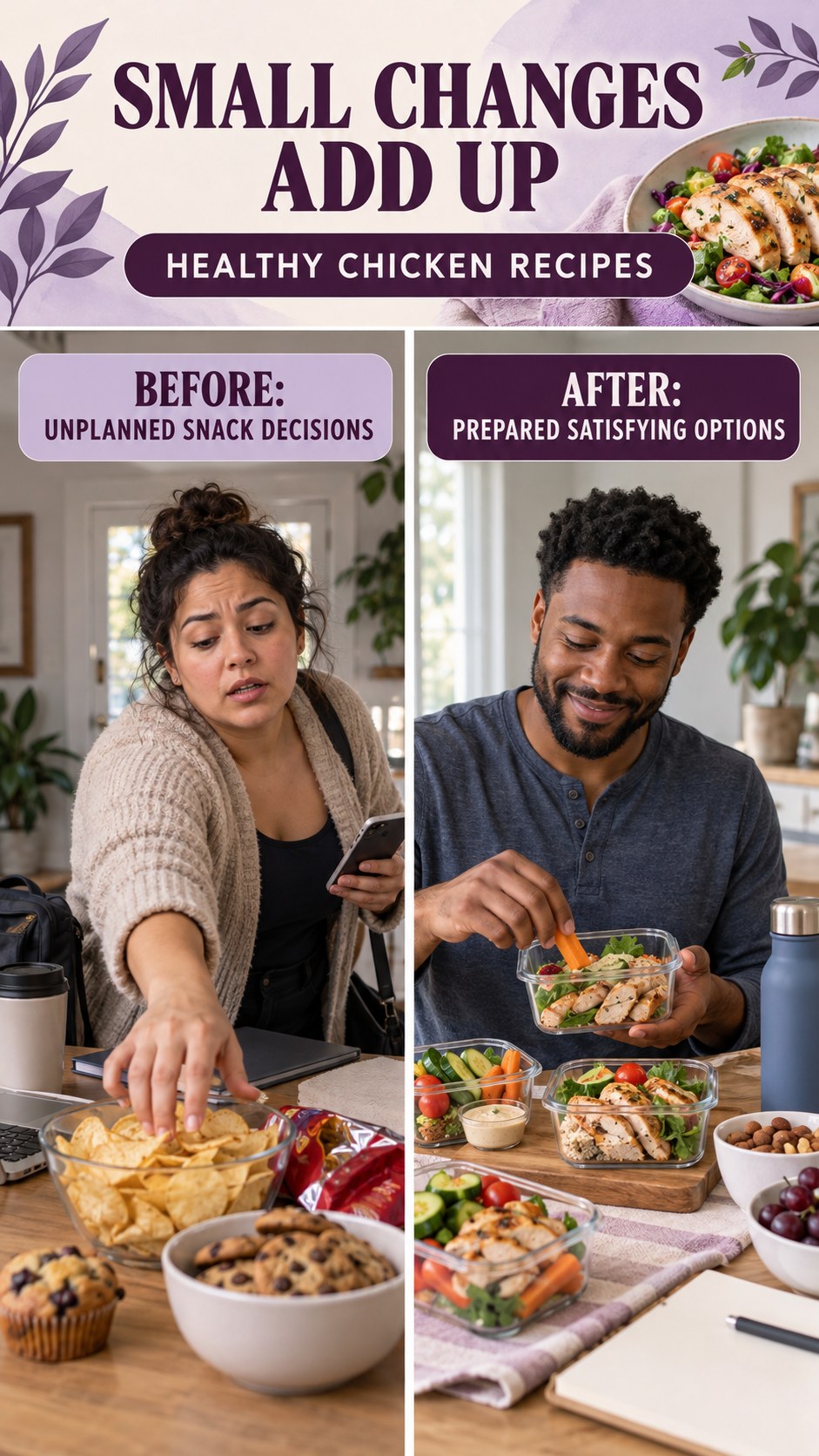 Illustrative before-and-after healthy snack planning comparison for Healthy Chicken Recipes, from unplanned snack decisions to prepared satisfying options.