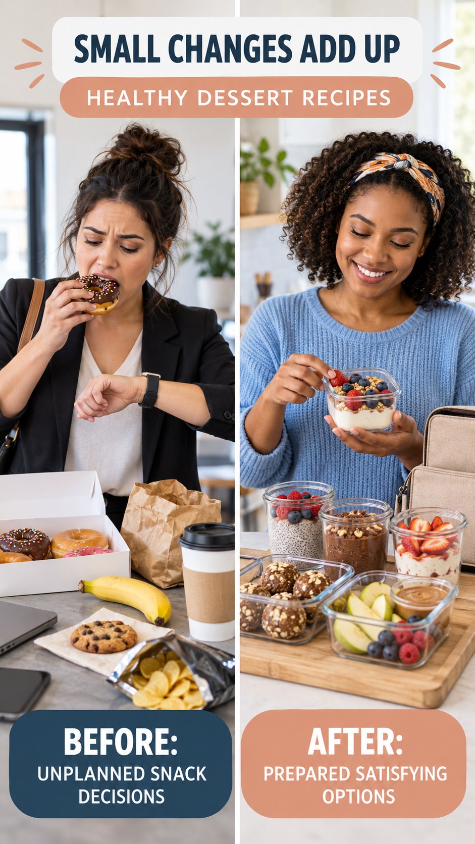 Illustrative before-and-after healthy snack planning comparison for Healthy Dessert Recipes, from unplanned snack decisions to prepared satisfying options.