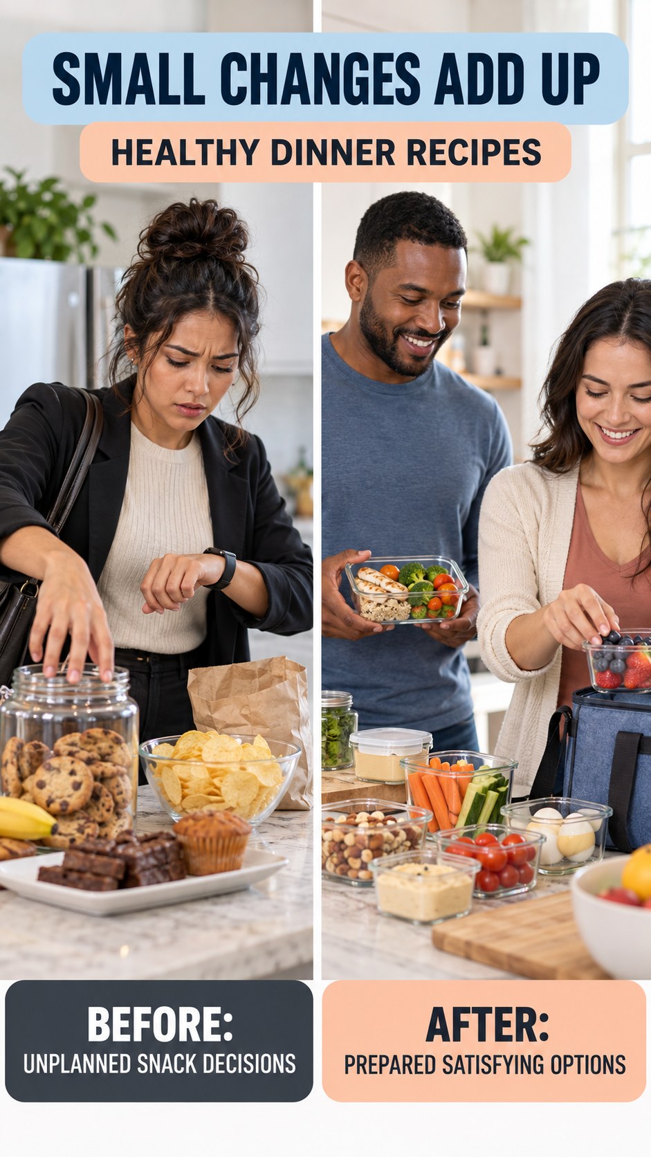 Illustrative before-and-after healthy snack planning comparison for Healthy Dinner Recipes, from unplanned snack decisions to prepared satisfying options.