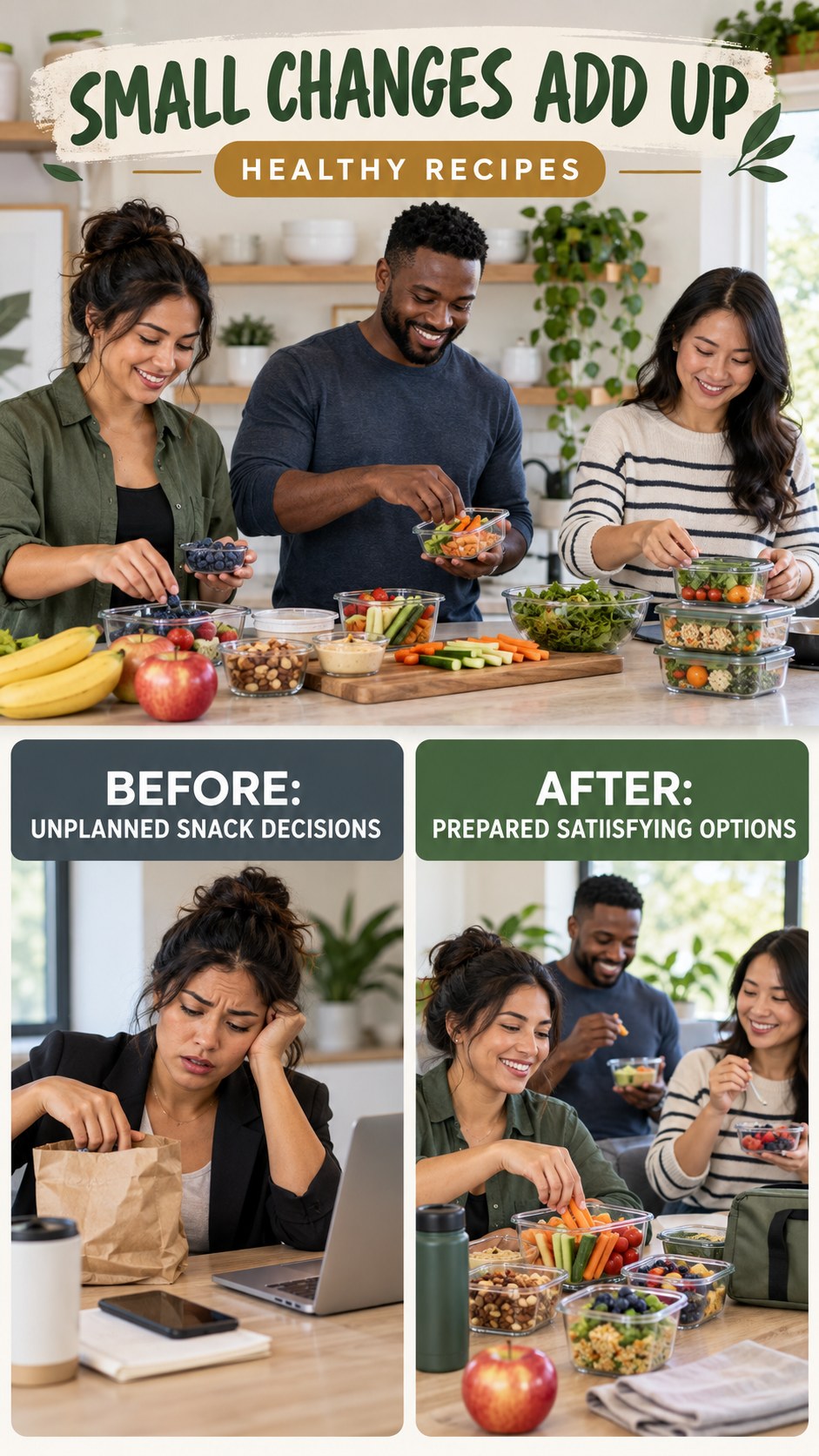 Illustrative before-and-after healthy snack planning comparison for Healthy Recipes, from unplanned snack decisions to prepared satisfying options.