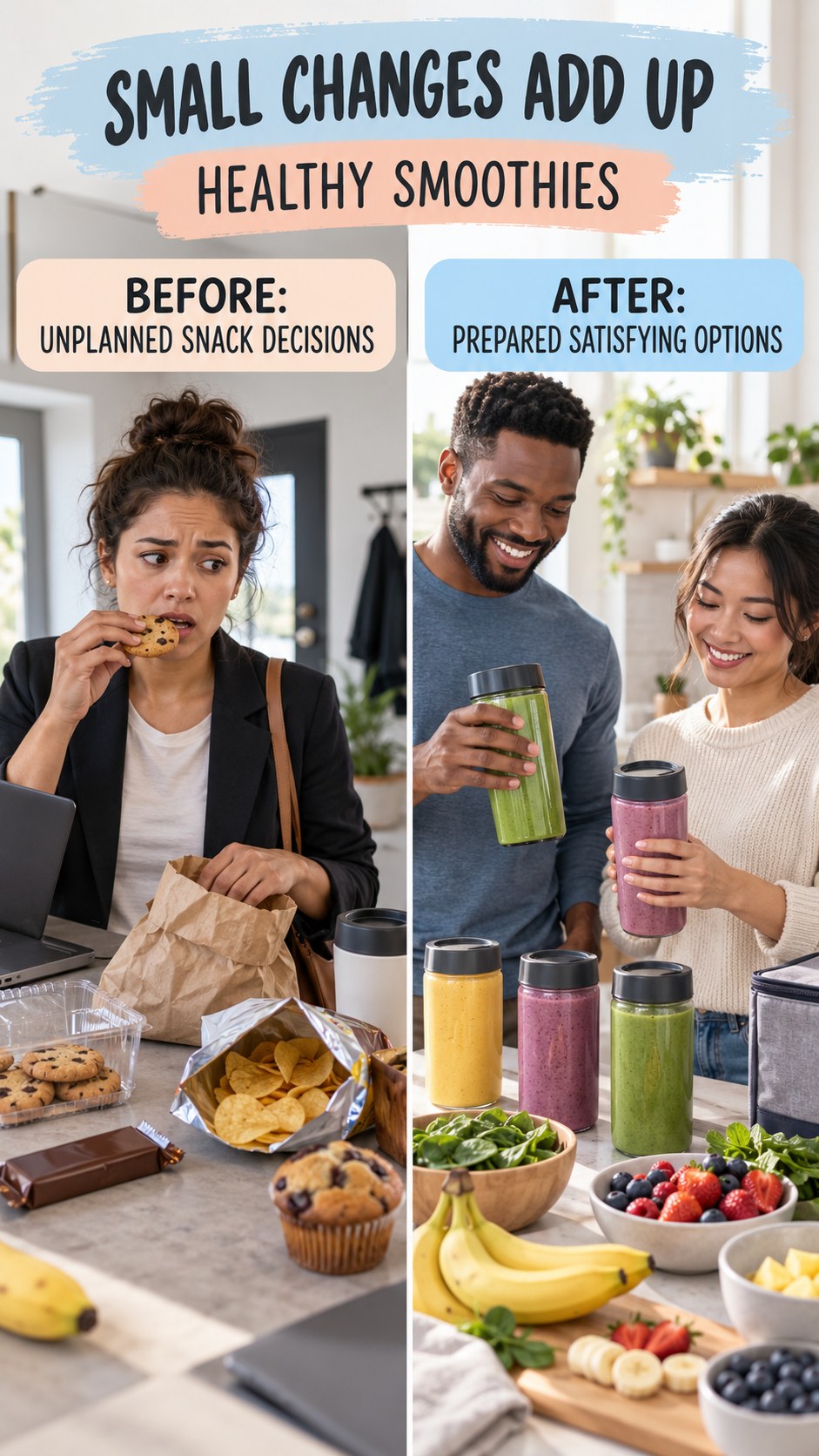 Illustrative before-and-after healthy snack planning comparison for Healthy Smoothies, from unplanned snack decisions to prepared satisfying options.