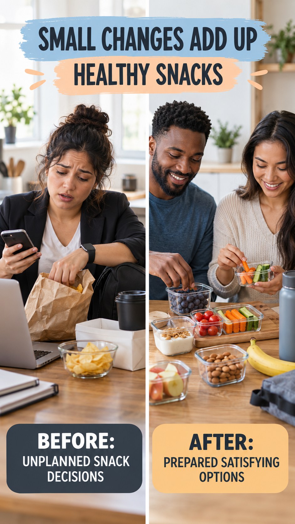 Illustrative before-and-after healthy snack planning comparison for Healthy Snacks, from unplanned snack decisions to prepared satisfying options.
