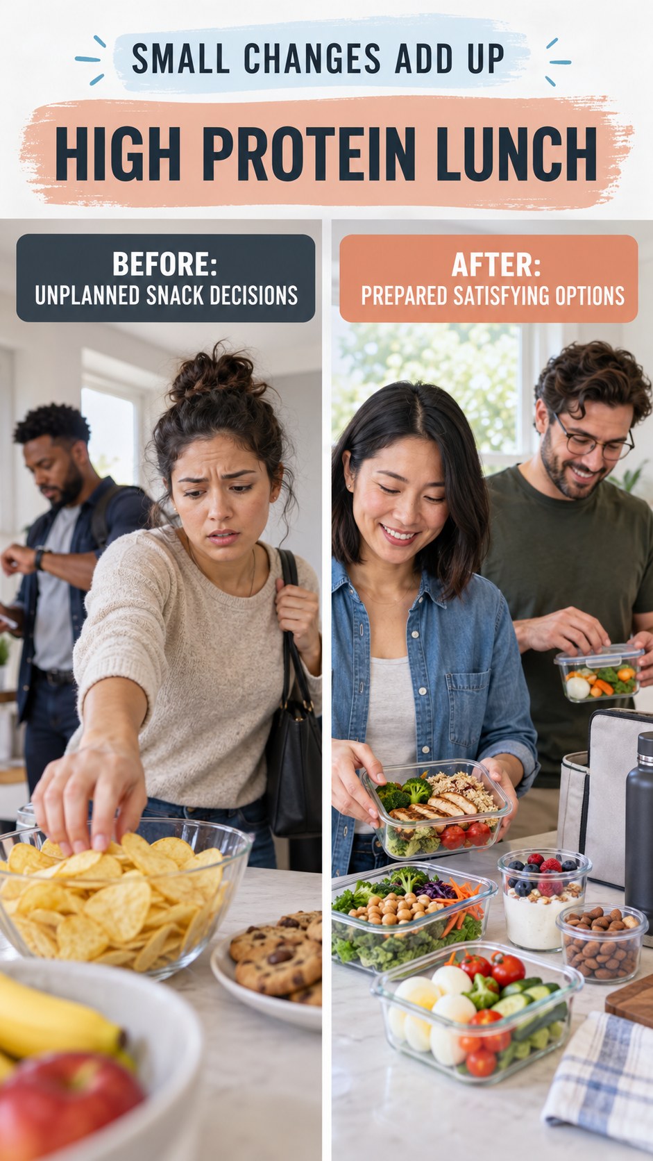 Illustrative before-and-after healthy snack planning comparison for High Protein Lunch, from unplanned snack decisions to prepared satisfying options.