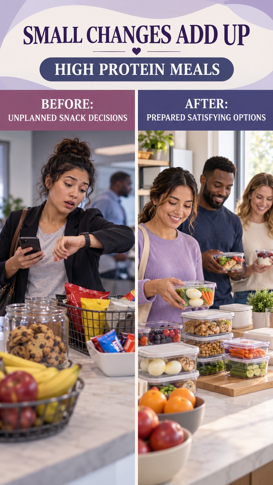 Illustrative before-and-after healthy snack planning comparison for High Protein Meals, from unplanned snack decisions to prepared satisfying options.