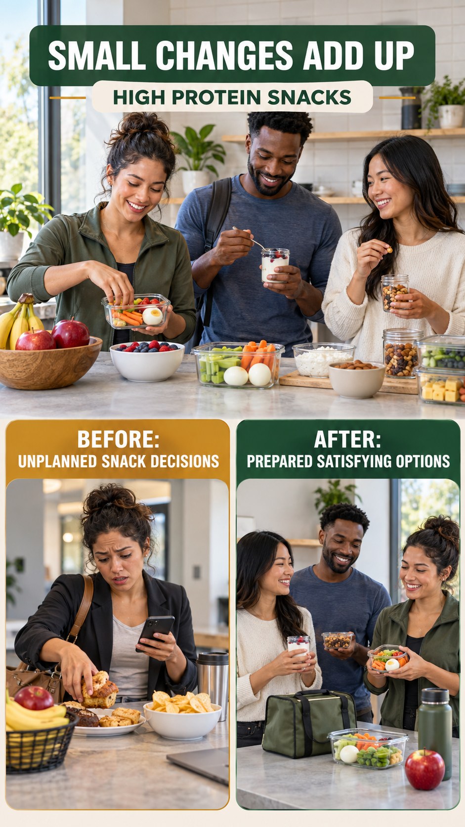 Illustrative before-and-after healthy snack planning comparison for High Protein Snacks, from unplanned snack decisions to prepared satisfying options.