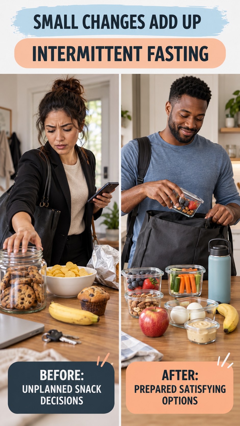 Illustrative before-and-after healthy snack planning comparison for Intermittent Fasting, from unplanned snack decisions to prepared satisfying options.