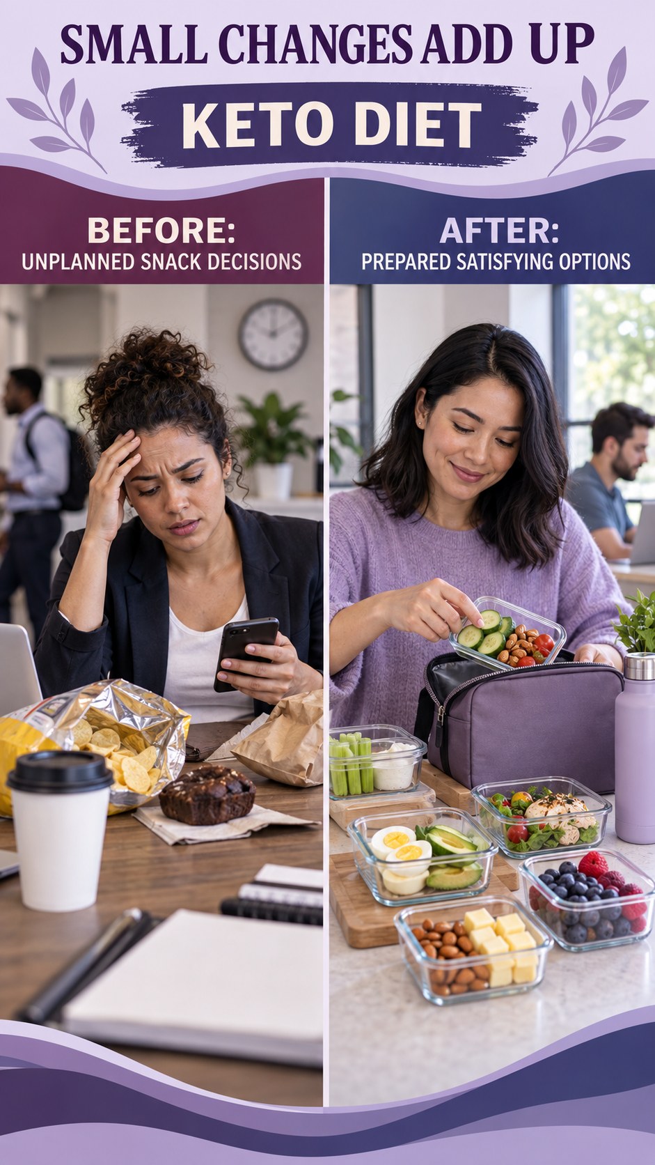 Illustrative before-and-after healthy snack planning comparison for Keto Diet, from unplanned snack decisions to prepared satisfying options.