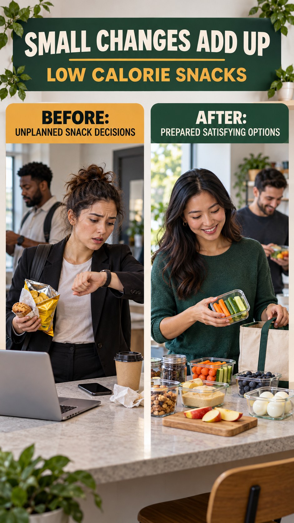 Illustrative before-and-after healthy snack planning comparison for Low Calorie Snacks, from unplanned snack decisions to prepared satisfying options.