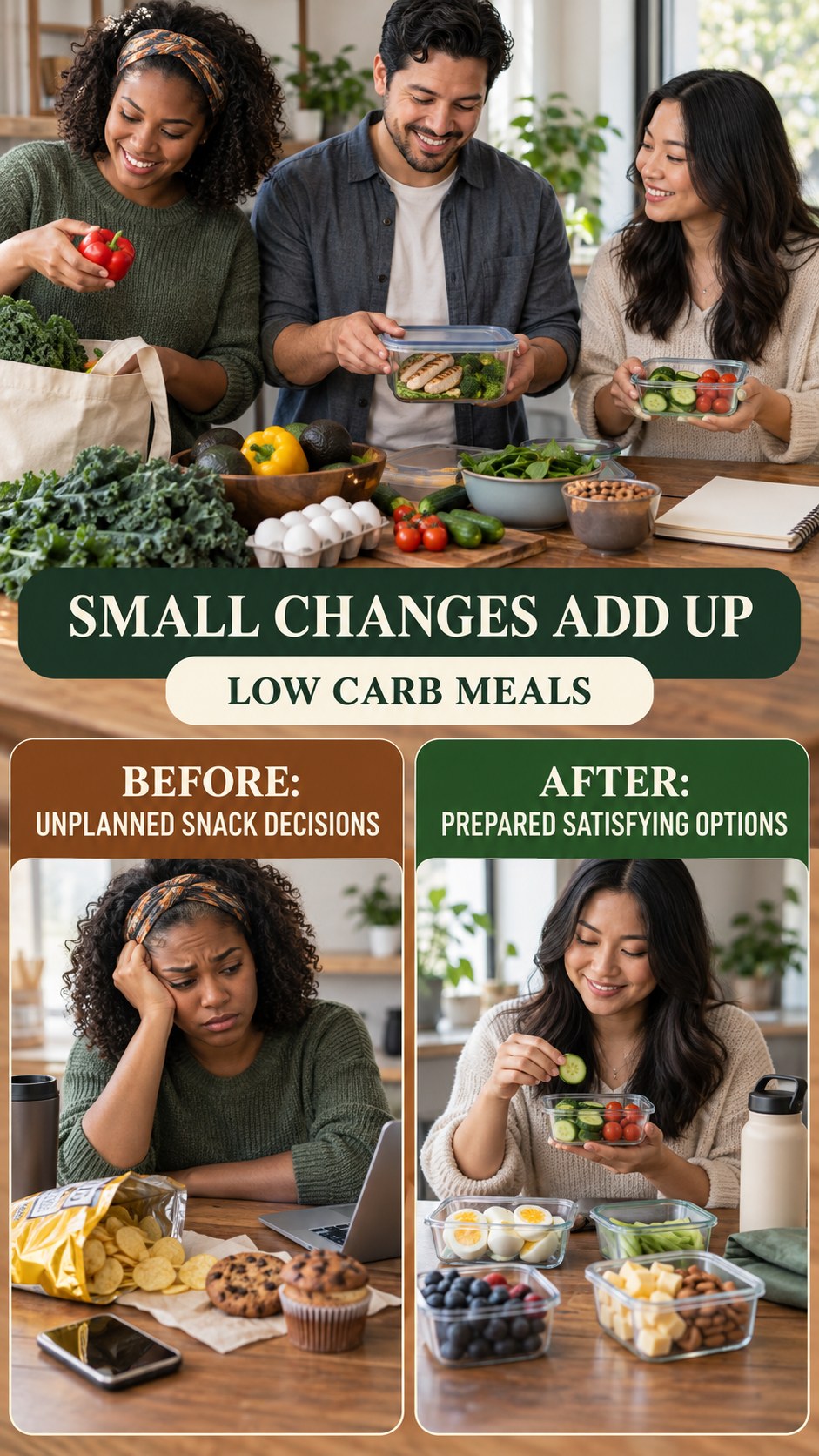 Illustrative before-and-after healthy snack planning comparison for Low Carb Meals, from unplanned snack decisions to prepared satisfying options.