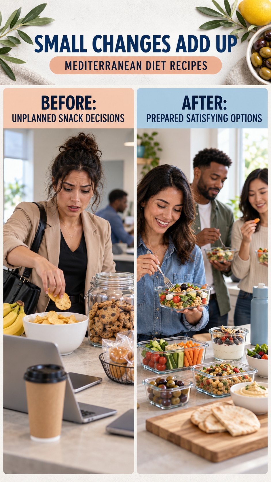 Illustrative before-and-after healthy snack planning comparison for Mediterranean Diet Recipes, from unplanned snack decisions to prepared satisfying options.