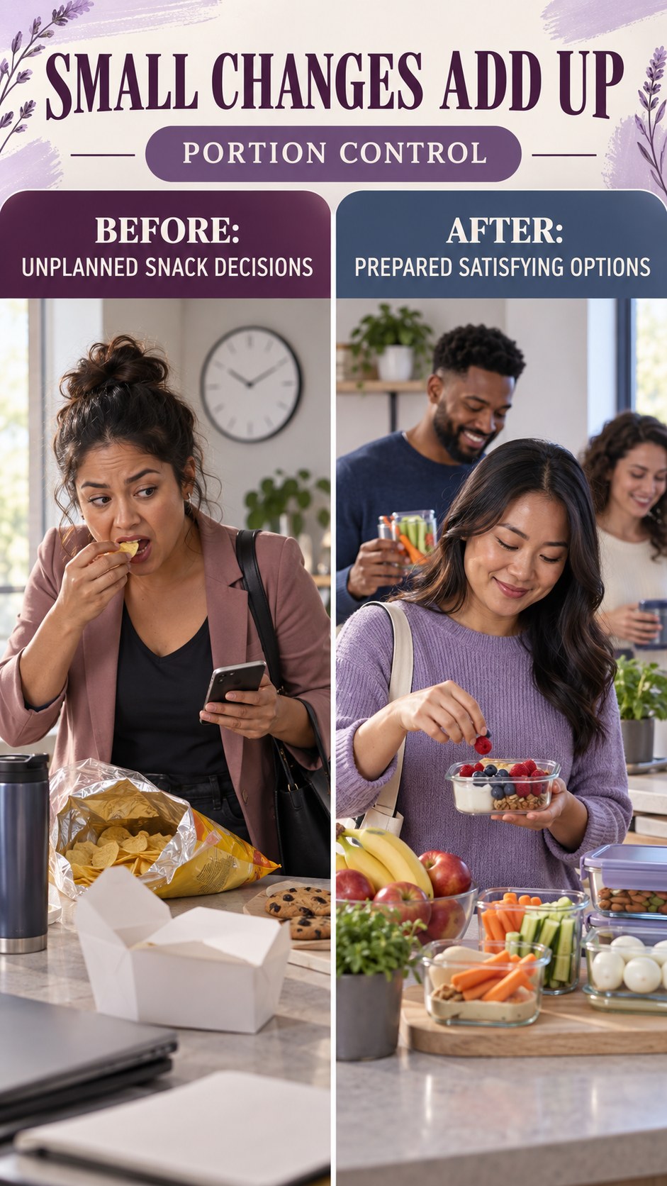 Illustrative before-and-after healthy snack planning comparison for Portion Control, from unplanned snack decisions to prepared satisfying options.