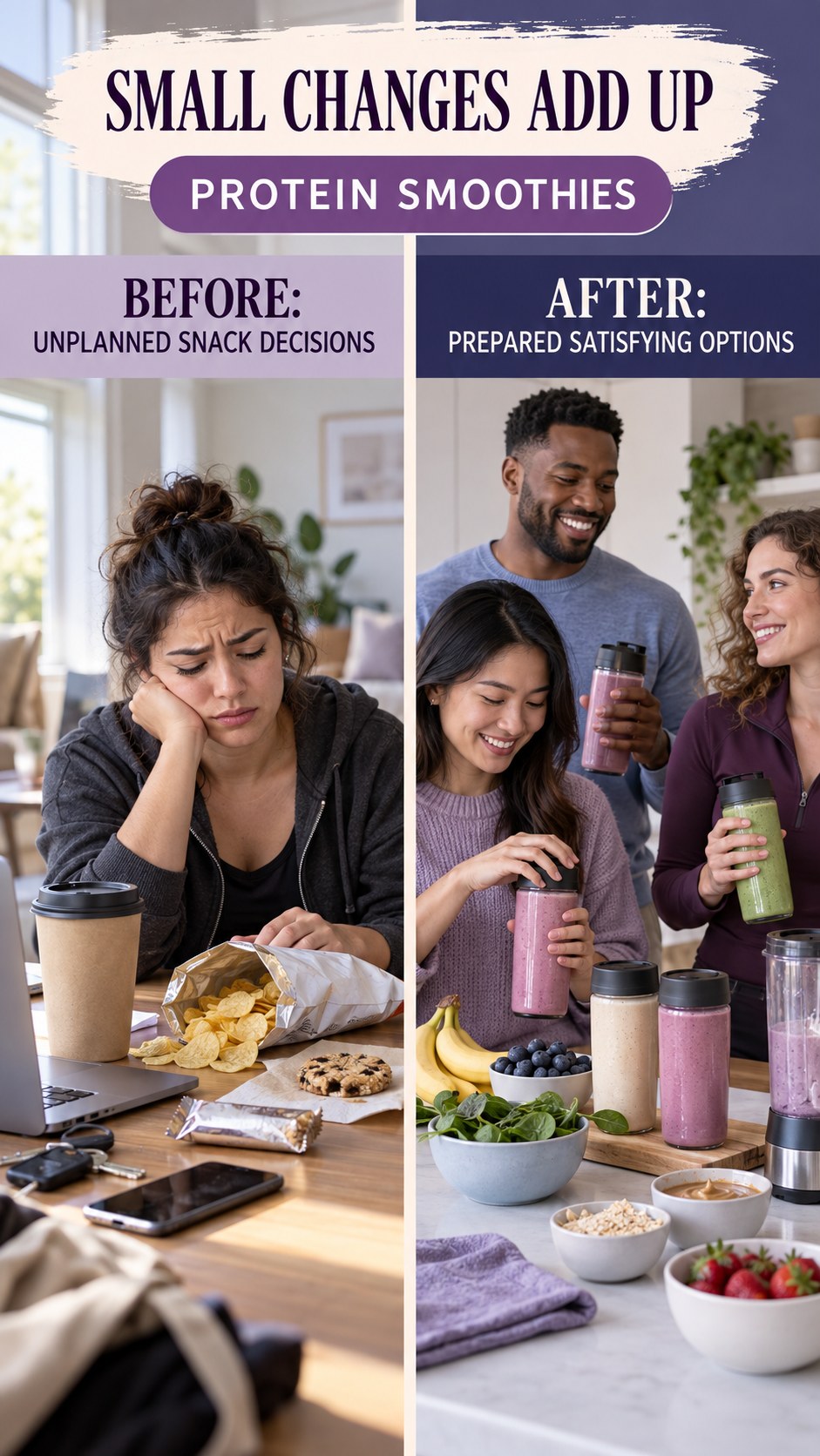 Illustrative before-and-after healthy snack planning comparison for Protein Smoothies, from unplanned snack decisions to prepared satisfying options.