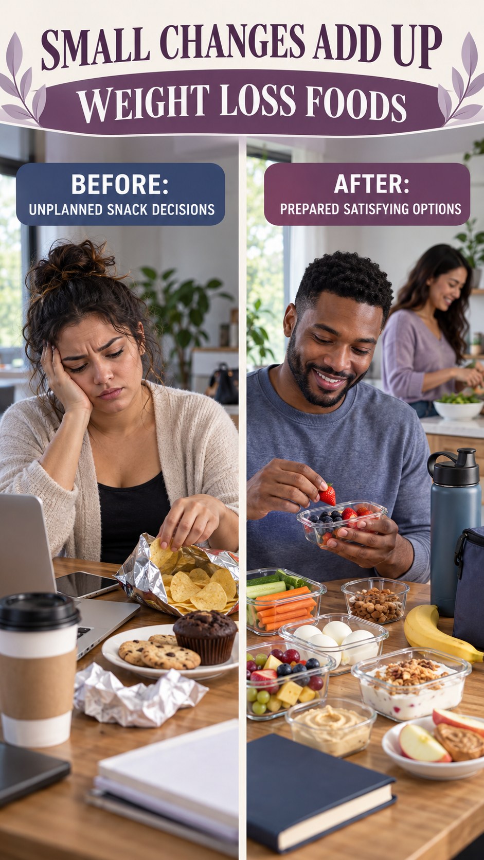 Illustrative before-and-after healthy snack planning comparison for Weight Loss Foods, from unplanned snack decisions to prepared satisfying options.