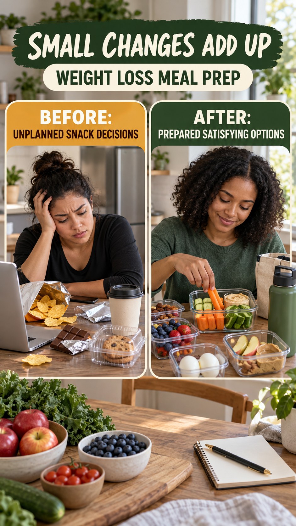 Illustrative before-and-after healthy snack planning comparison for Weight Loss Meal Prep, from unplanned snack decisions to prepared satisfying options.
