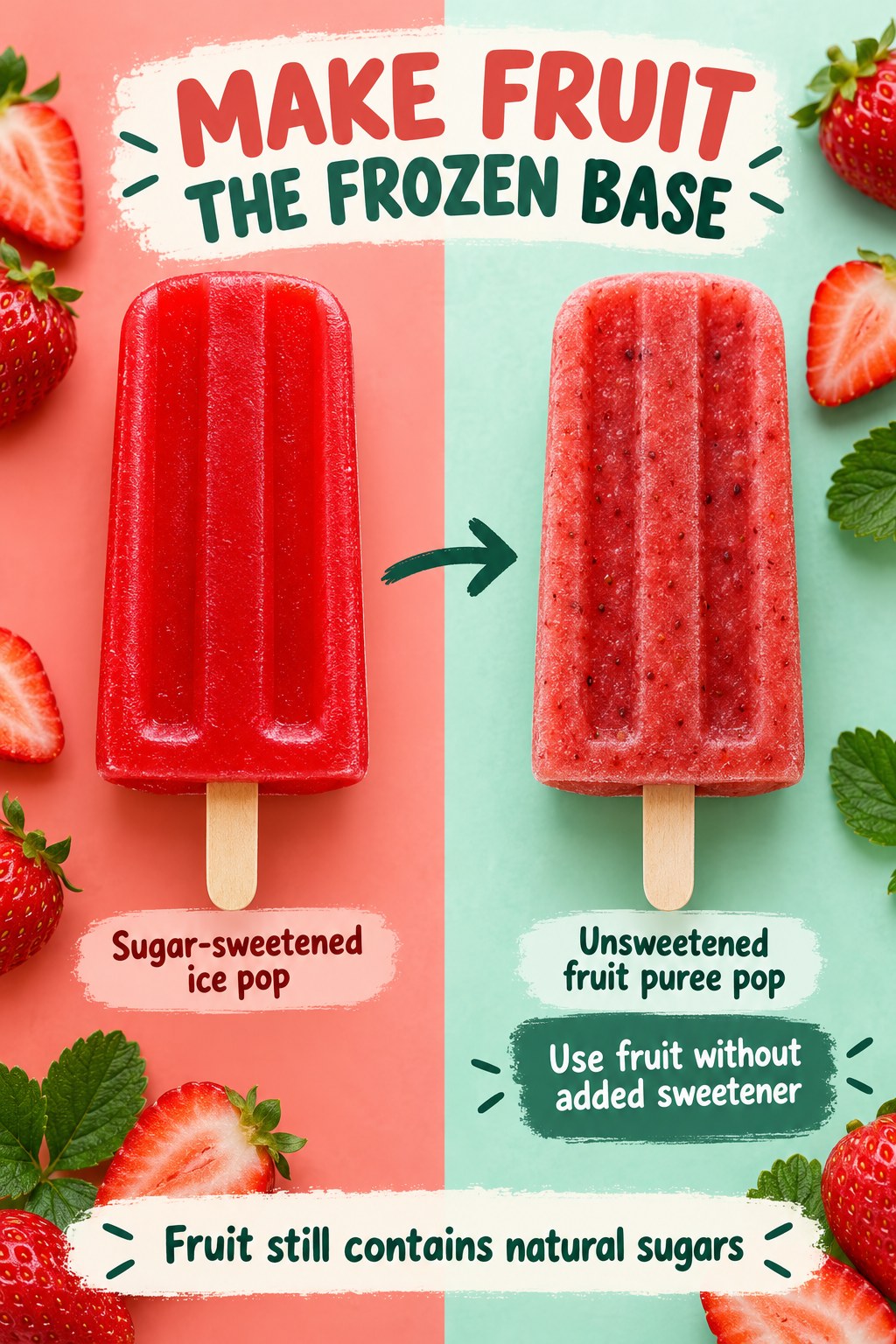 A sugar-sweetened red ice pop compared with a textured strawberry puree pop on coral and mint backgrounds.