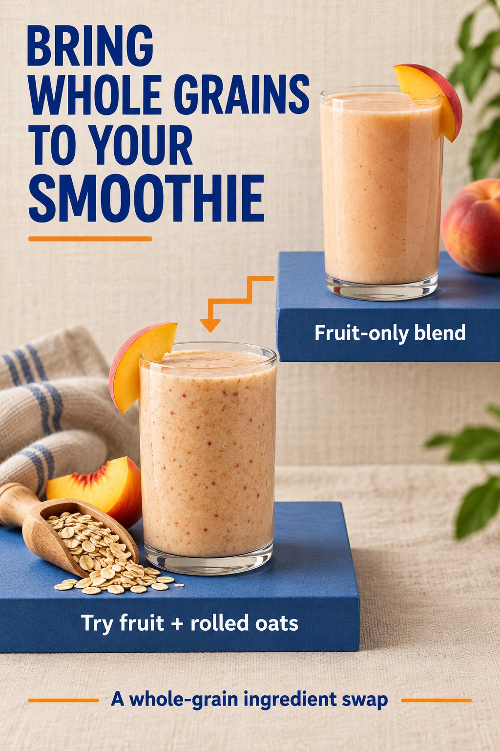 Peach smoothies on blue stepped platforms compare a fruit-only blend with fruit and plain rolled oats.