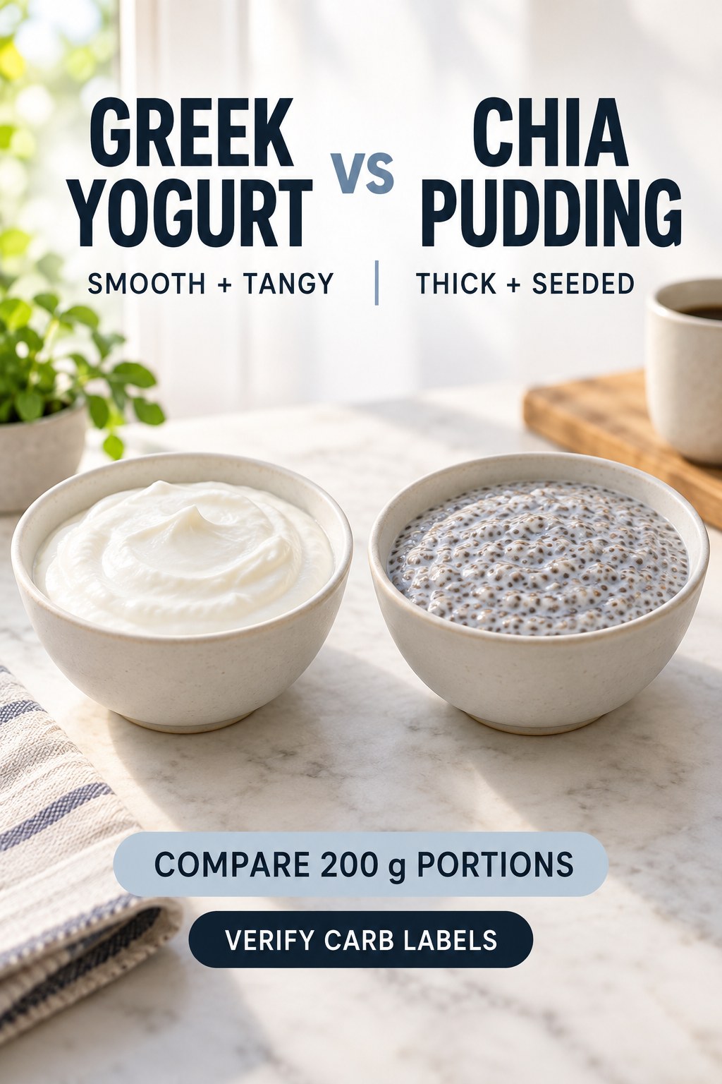 Plain full-fat Greek yogurt and chia pudding in equal 200-gram breakfast bowls without toppings.
