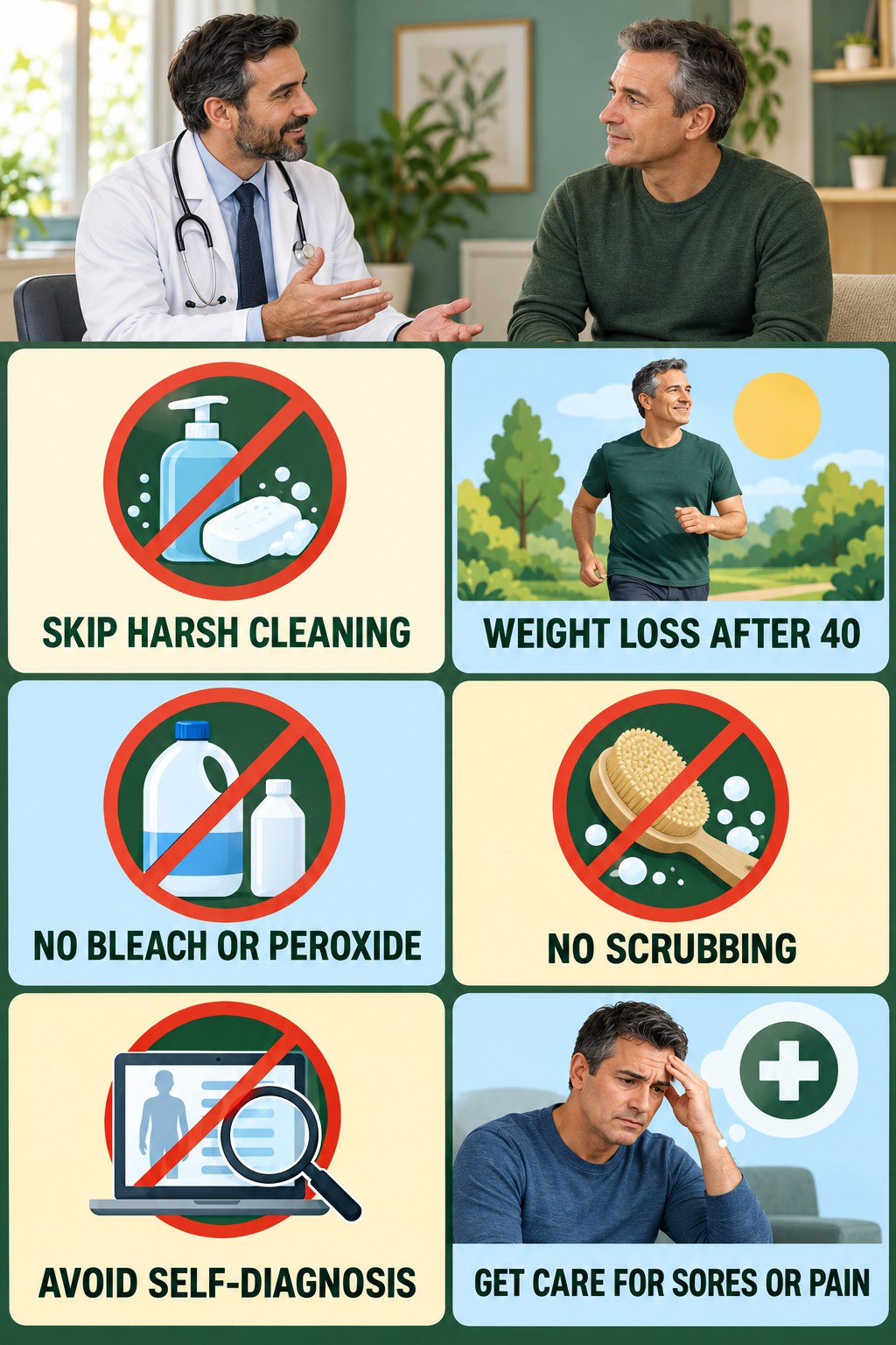 Genital Skin Changes Need Gentle Care infographic for Weight Loss After 40 with four concise, non-shaming sexual-health education points.
