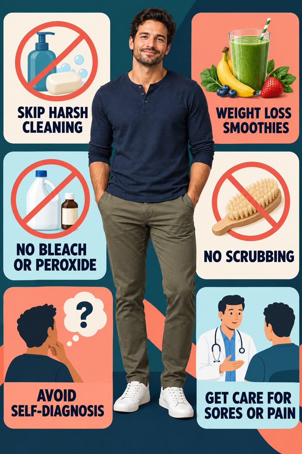 Genital Skin Changes Need Gentle Care infographic for Weight Loss Smoothies with four concise, non-shaming sexual-health education points.